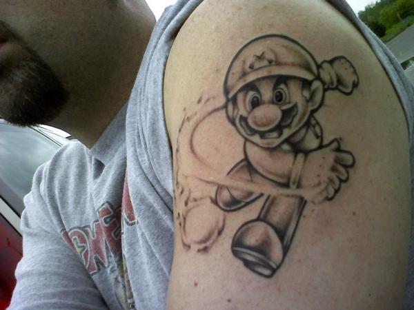 A black and white version of MixXx K's fire Mario Mario Tattoos